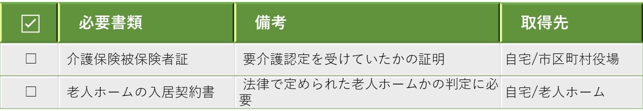 亡くなった方が老人ホームに入居していたときに特例を使う場合の添付書類